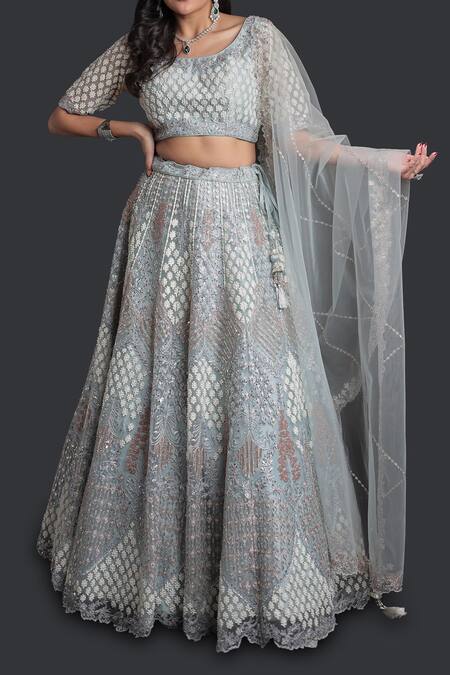 Shop_Samyukta Singhania_Blue Net Embroidery, Sequins Round Neck Light Classic Lehenga Set_Online_at_Aza_Fashions