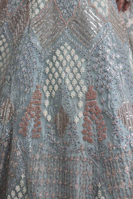 Buy_Samyukta Singhania_Blue Net Embroidery, Sequins Round Neck Light Classic Lehenga Set