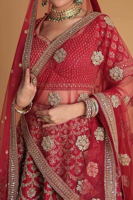Shop_Samyukta Singhania_Red Silk, Net Sequins, Embroidery Sweetheart Neck Lehenga Set_Online_at_Aza_Fashions