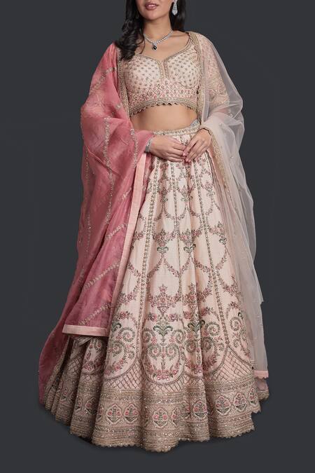 Samyukta Singhania_Peach Silk, Organza Beads, Sequins, Embroidery Lehenga Set_Online_at_Aza_Fashions