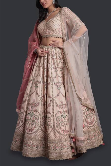 Shop_Samyukta Singhania_Peach Silk, Organza Beads, Sequins, Embroidery Lehenga Set_Online_at_Aza_Fashions
