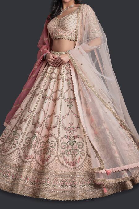 Samyukta Singhania_Peach Silk, Organza Beads, Sequins, Embroidery Lehenga Set_at_Aza_Fashions