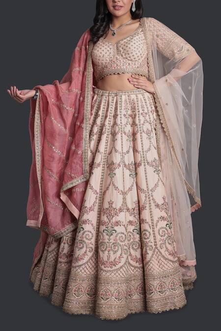 Buy_Samyukta Singhania_Peach Silk, Organza Beads, Sequins, Embroidery Lehenga Set