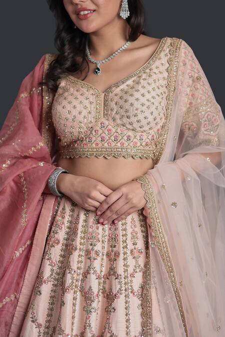 Shop_Samyukta Singhania_Peach Silk, Organza Beads, Sequins, Embroidery Lehenga Set