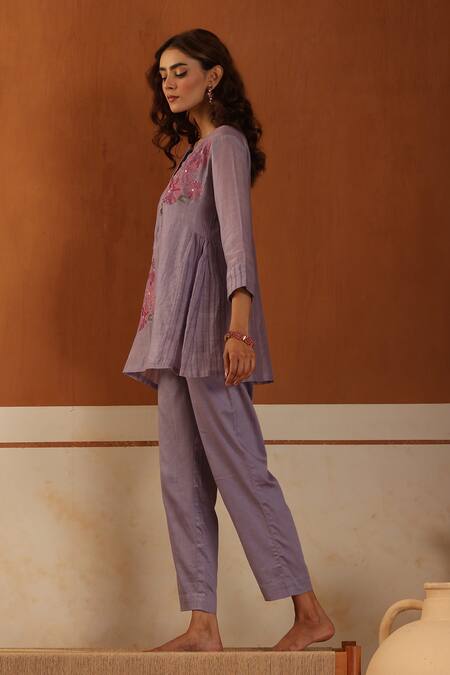 Beige Purple Hand Embroidered Kurta Set 