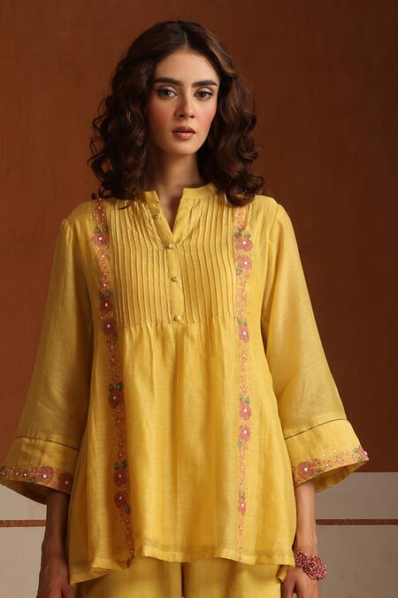 Beige Yellow Chanderi, Cotton Satin, Muslin Beads, Hand Embroidered Kurta Pant Set Online at Aza Fashions Beige_Yellow Chanderi, Cotton Satin, Muslin Beads, Hand Embroidered Kurta Pant Set _Online_at_Aza_Fashions