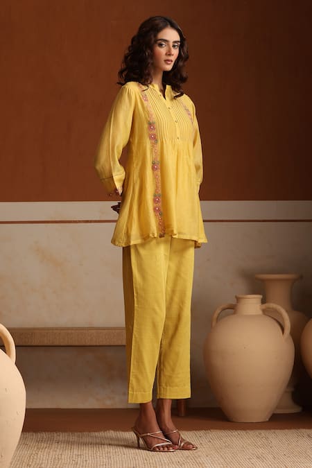 Shop_Beige_Yellow Chanderi, Cotton Satin, Muslin Beads, Hand Embroidered Kurta Pant Set _Online_at_Aza_Fashions