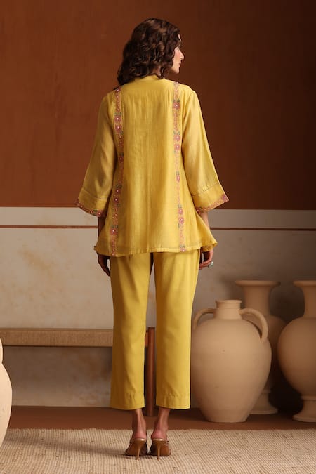Beige Yellow Hand Embroidered Kurta Pant Set 