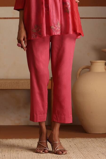 Beige_Pink Chanderi, Cotton Satin Beads, Sequins Round Neck Mul Kurta Pant Set _Online_at_Aza_Fashions