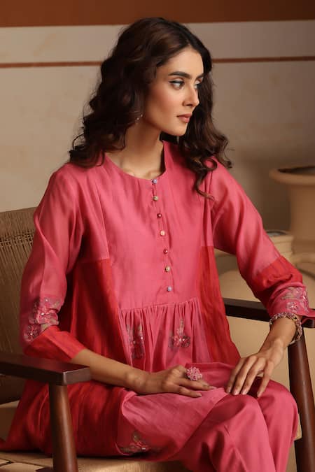 Beige Pink Mul Chanderi Kurta Pant Set 