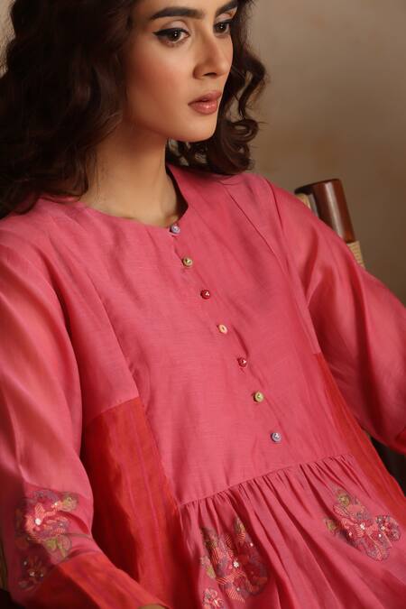Shop_Beige_Pink Chanderi, Cotton Satin Beads, Sequins Round Neck Mul Kurta Pant Set _Online_at_Aza_Fashions