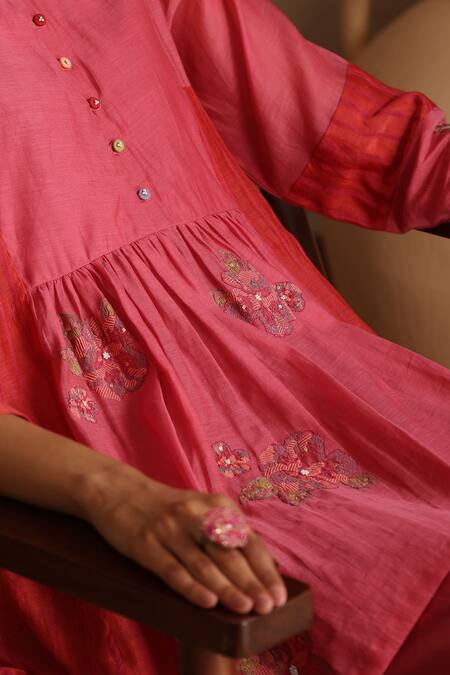 Beige_Pink Chanderi, Cotton Satin Beads, Sequins Round Neck Mul Kurta Pant Set _at_Aza_Fashions