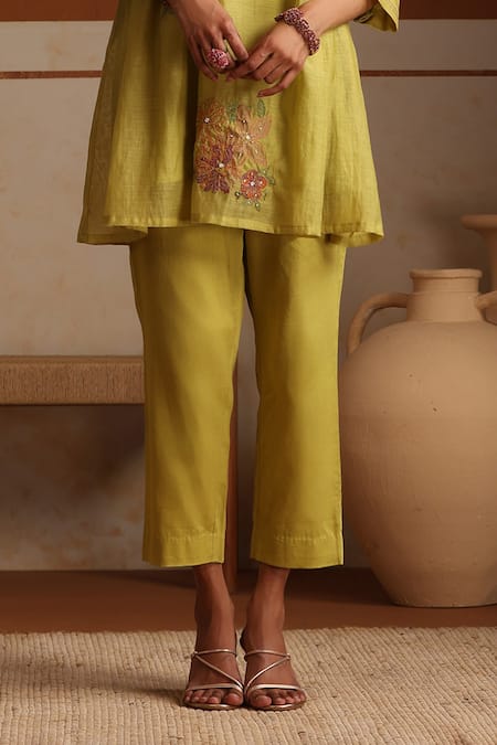 Shop_Beige_Green Embroidery, Beads, Sequins Round Neck Hand Kurta Set _Online_at_Aza_Fashions