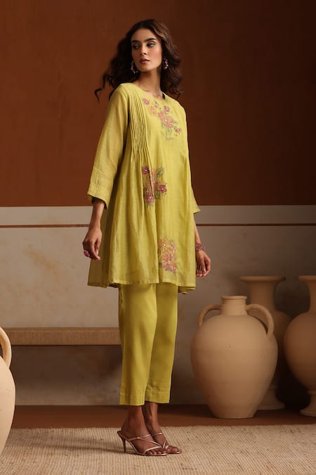 Beige Green Hand Embroidered Kurta Set 