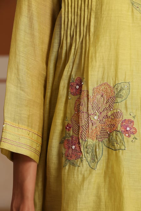 Beige_Green Embroidery, Beads, Sequins Round Neck Hand Kurta Set _at_Aza_Fashions