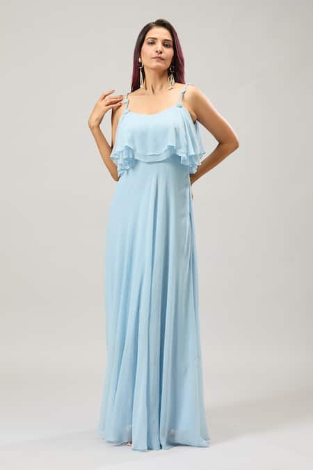 Naintara Bajaj_Blue Georgette Scoop Neck Layered Ruffle Maxi Dress _Online_at_Aza_Fashions