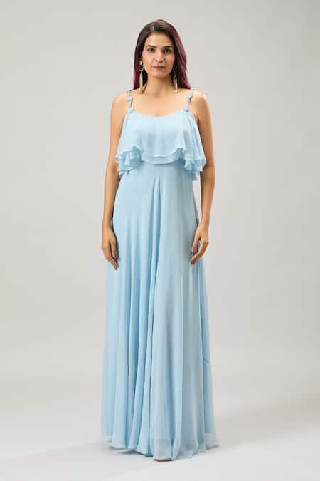 Buy_Naintara Bajaj_Blue Georgette Scoop Neck Layered Ruffle Maxi Dress _Online_at_Aza_Fashions