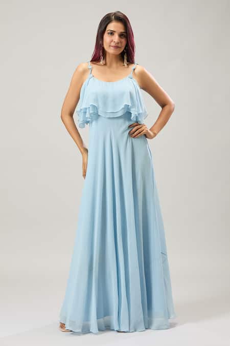 Naintara Bajaj_Blue Georgette Scoop Neck Layered Ruffle Maxi Dress _at_Aza_Fashions