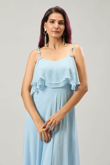 Buy_Naintara Bajaj_Blue Georgette Scoop Neck Layered Ruffle Maxi Dress 