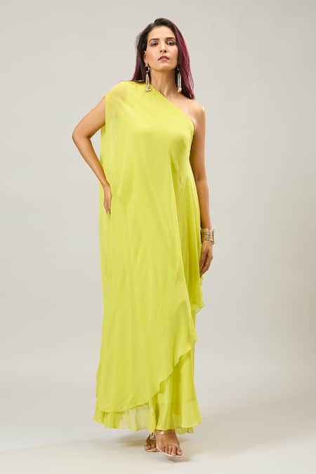 Naintara Bajaj Yellow Georgette One Shoulder Asymmetrical Maxi Dress at Aza Fashions Naintara Bajaj_Yellow Georgette One Shoulder Asymmetrical Maxi Dress _at_Aza_Fashions