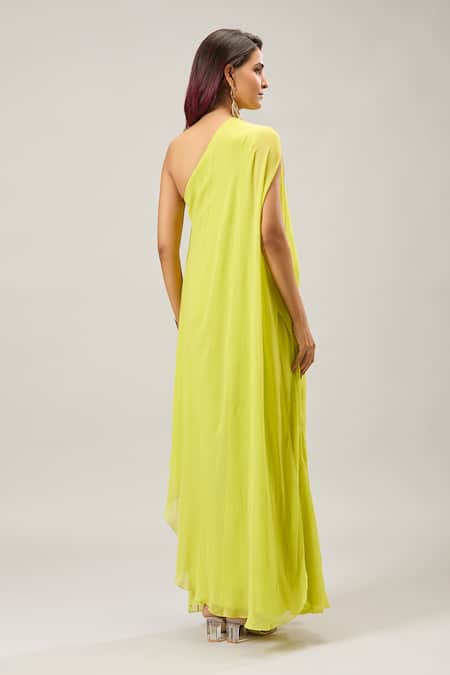 Shop Naintara Bajaj Yellow Georgette One Shoulder Asymmetrical Maxi Dress at Aza Fashions Shop_Naintara Bajaj_Yellow Georgette One Shoulder Asymmetrical Maxi Dress _at_Aza_Fashions