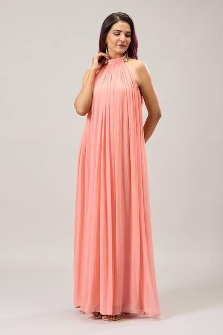 Naintara Bajaj_Peach Georgette Halter Neck Maxi Dress _Online_at_Aza_Fashions