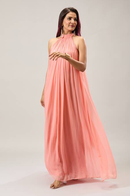 Buy_Naintara Bajaj_Peach Georgette Halter Neck Maxi Dress _Online_at_Aza_Fashions