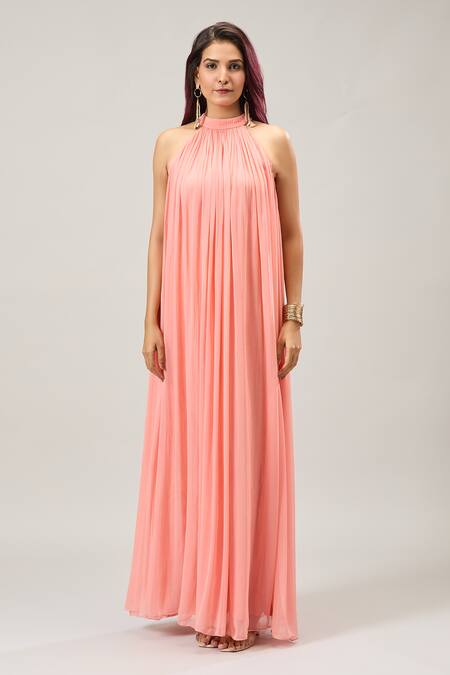 Shop_Naintara Bajaj_Peach Georgette Halter Neck Maxi Dress _Online_at_Aza_Fashions