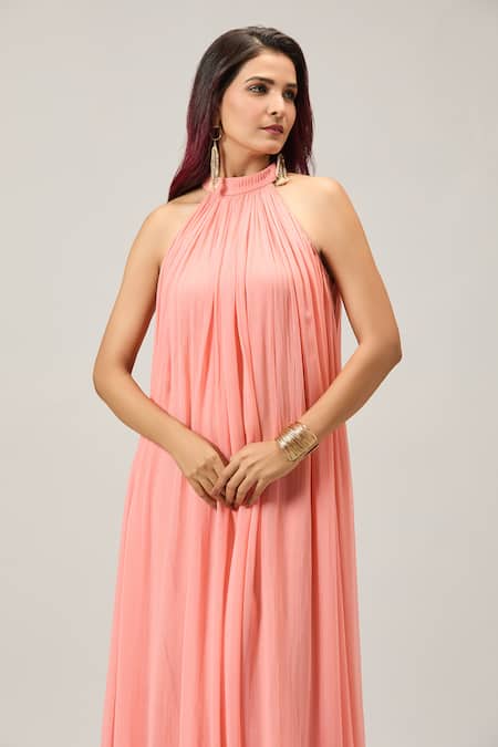 Naintara Bajaj_Peach Georgette Halter Neck Maxi Dress _at_Aza_Fashions