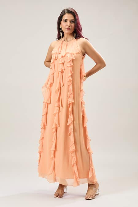 Naintara Bajaj_Peach Georgette Ruffles Halter Neck Maxi Dress _Online_at_Aza_Fashions