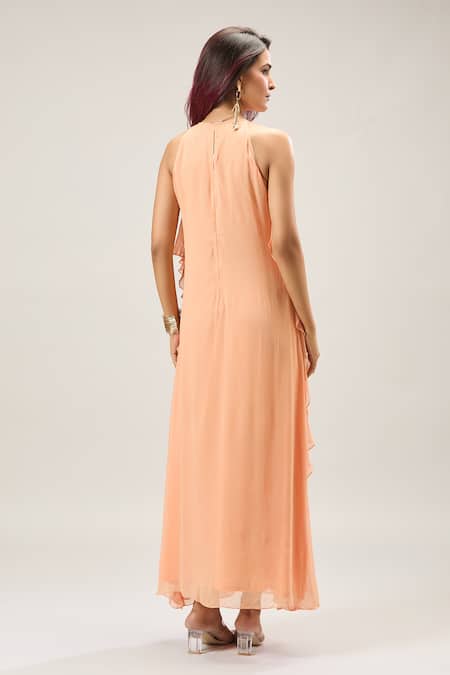 Shop_Naintara Bajaj_Peach Georgette Ruffles Halter Neck Maxi Dress _at_Aza_Fashions