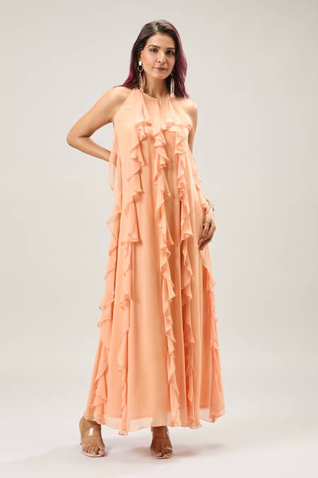 Buy_Naintara Bajaj_Peach Georgette Ruffles Halter Neck Maxi Dress _Online_at_Aza_Fashions