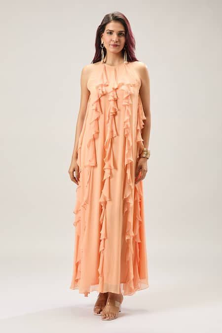 Shop_Naintara Bajaj_Peach Georgette Ruffles Halter Neck Maxi Dress _Online_at_Aza_Fashions