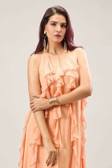 Buy_Naintara Bajaj_Peach Georgette Ruffles Halter Neck Maxi Dress 