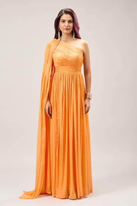 Shop Naintara Bajaj Orange Silk One Shoulder Maxi Dress Online at Aza Fashions Shop_Naintara Bajaj_Orange Silk One Shoulder Maxi Dress _Online_at_Aza_Fashions