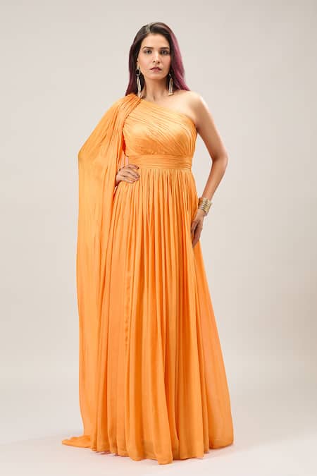 Buy Naintara Bajaj Orange Silk One Shoulder Maxi Dress Buy_Naintara Bajaj_Orange Silk One Shoulder Maxi Dress