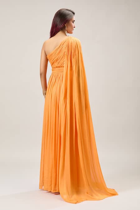 Shop Naintara Bajaj Orange Silk One Shoulder Maxi Dress at Aza Fashions Shop_Naintara Bajaj_Orange Silk One Shoulder Maxi Dress _at_Aza_Fashions