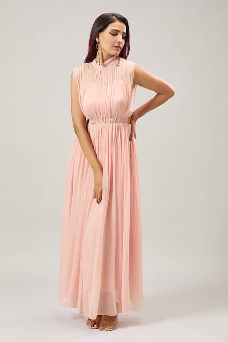 Naintara Bajaj Beige Georgette High Neck Pleated Maxi Dress Online at Aza Fashions Naintara Bajaj_Beige Georgette High Neck Pleated Maxi Dress _Online_at_Aza_Fashions