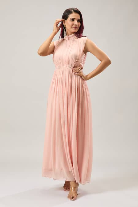 Shop Naintara Bajaj Beige Georgette High Neck Pleated Maxi Dress Online at Aza Fashions Shop_Naintara Bajaj_Beige Georgette High Neck Pleated Maxi Dress _Online_at_Aza_Fashions