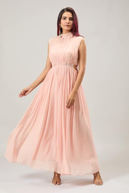 Buy Naintara Bajaj Beige Georgette High Neck Pleated Maxi Dress Buy_Naintara Bajaj_Beige Georgette High Neck Pleated Maxi Dress