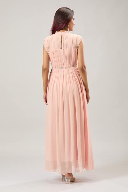Shop Naintara Bajaj Beige Georgette High Neck Pleated Maxi Dress at Aza Fashions Shop_Naintara Bajaj_Beige Georgette High Neck Pleated Maxi Dress _at_Aza_Fashions