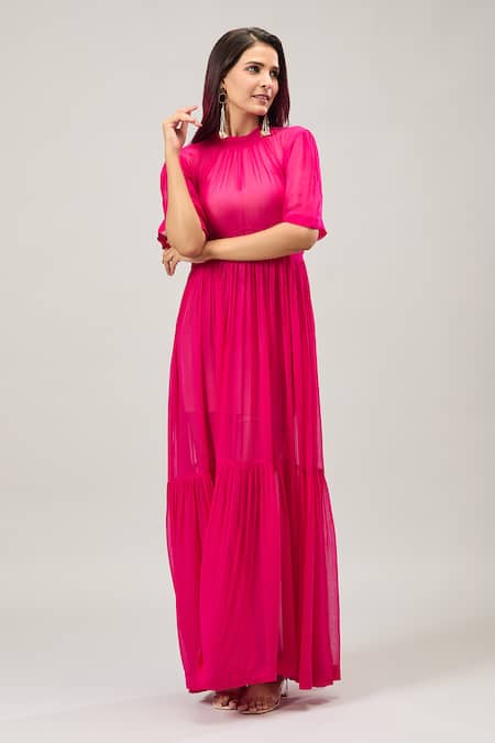 Buy Naintara Bajaj Pink Georgette Round Neck Baby Maxi Dress Online at Aza Fashions Buy_Naintara Bajaj_Pink Georgette Round Neck Baby Maxi Dress _Online_at_Aza_Fashions