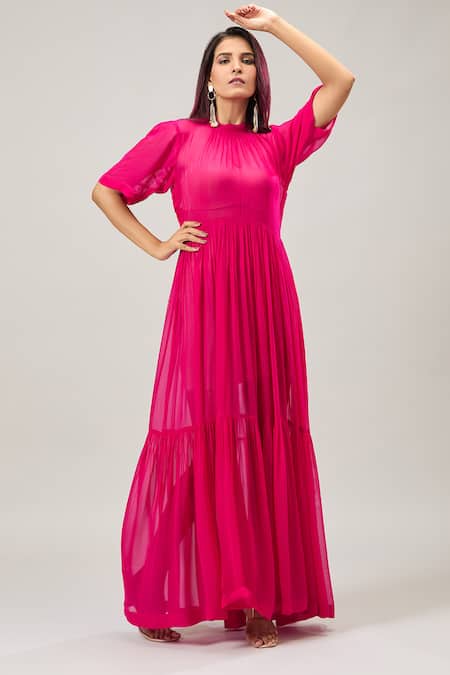 Shop Naintara Bajaj Pink Georgette Round Neck Baby Maxi Dress Online at Aza Fashions Shop_Naintara Bajaj_Pink Georgette Round Neck Baby Maxi Dress _Online_at_Aza_Fashions