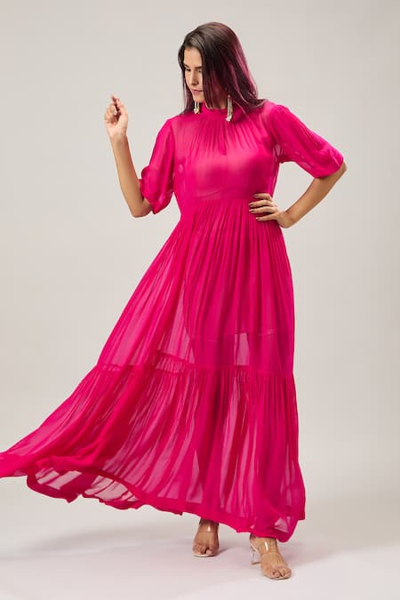 Naintara Bajaj Pink Georgette Round Neck Baby Maxi Dress at Aza Fashions Naintara Bajaj_Pink Georgette Round Neck Baby Maxi Dress _at_Aza_Fashions