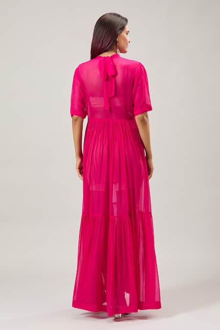 Shop Naintara Bajaj Pink Georgette Round Neck Baby Maxi Dress at Aza Fashions Shop_Naintara Bajaj_Pink Georgette Round Neck Baby Maxi Dress _at_Aza_Fashions