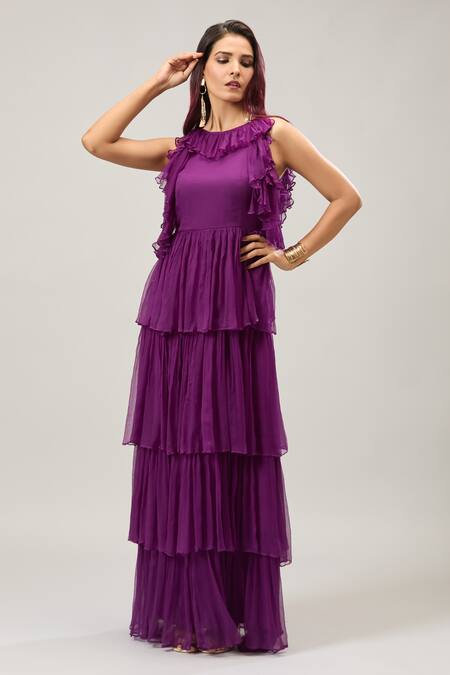 Naintara Bajaj Purple Chiffon Round Neck Layered Ruffle Maxi Dress Online at Aza Fashions Naintara Bajaj_Purple Chiffon Round Neck Layered Ruffle Maxi Dress _Online_at_Aza_Fashions