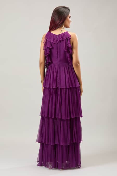 Shop Naintara Bajaj Purple Chiffon Round Neck Layered Ruffle Maxi Dress at Aza Fashions Shop_Naintara Bajaj_Purple Chiffon Round Neck Layered Ruffle Maxi Dress _at_Aza_Fashions