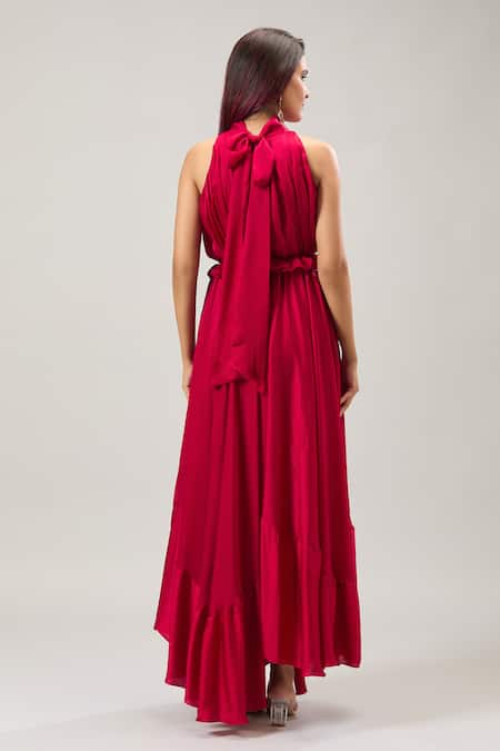Shop_Naintara Bajaj_Red Satin Halter Neck Maxi Dress _at_Aza_Fashions