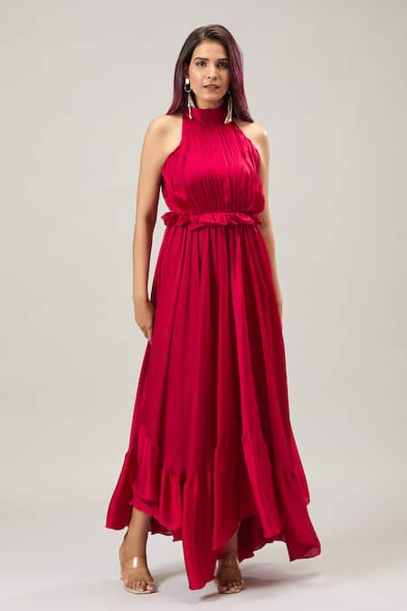 Buy_Naintara Bajaj_Red Satin Halter Neck Maxi Dress _Online_at_Aza_Fashions