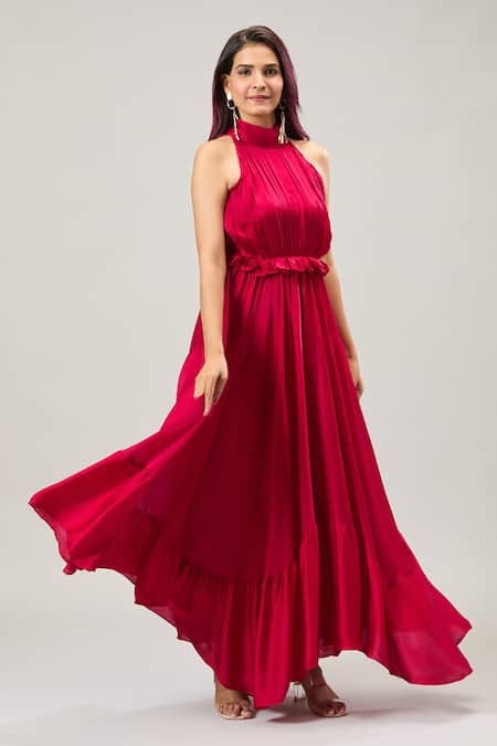 Shop_Naintara Bajaj_Red Satin Halter Neck Maxi Dress _Online_at_Aza_Fashions